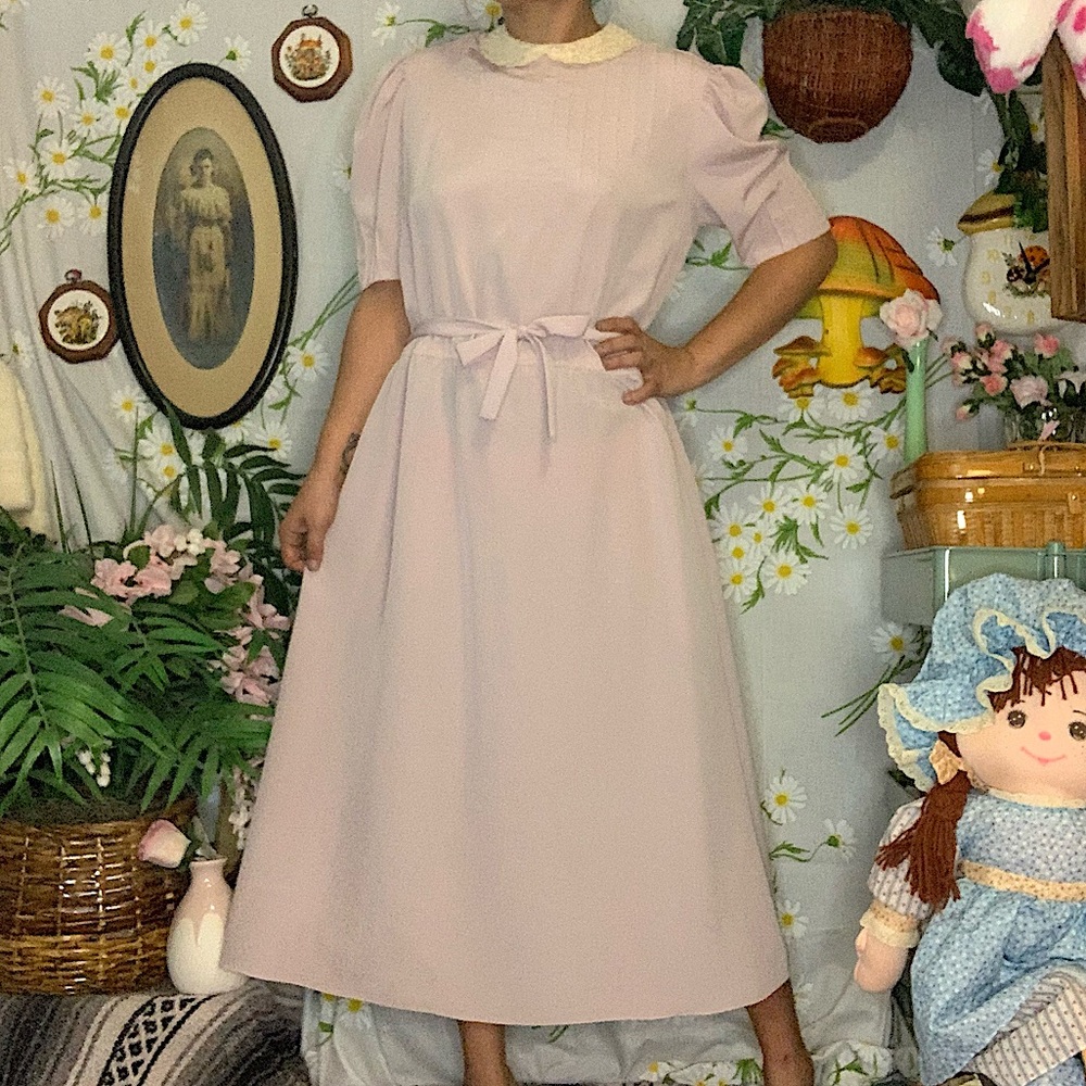 70s DVF pastel purple lace collar puff sleeve midi